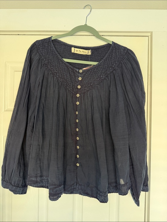Free People Tops - Free People Navy Smocked Yoke Button-Down Peasant Blouse